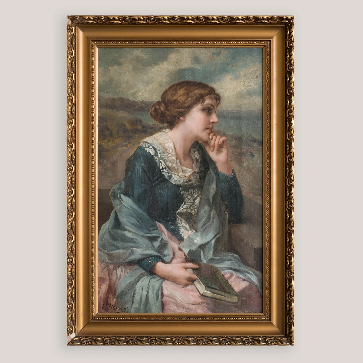 Portrait d'une jeune femme lisant – Huile sur toile d'Antonio García Mencía (1849–1920)-photo-3