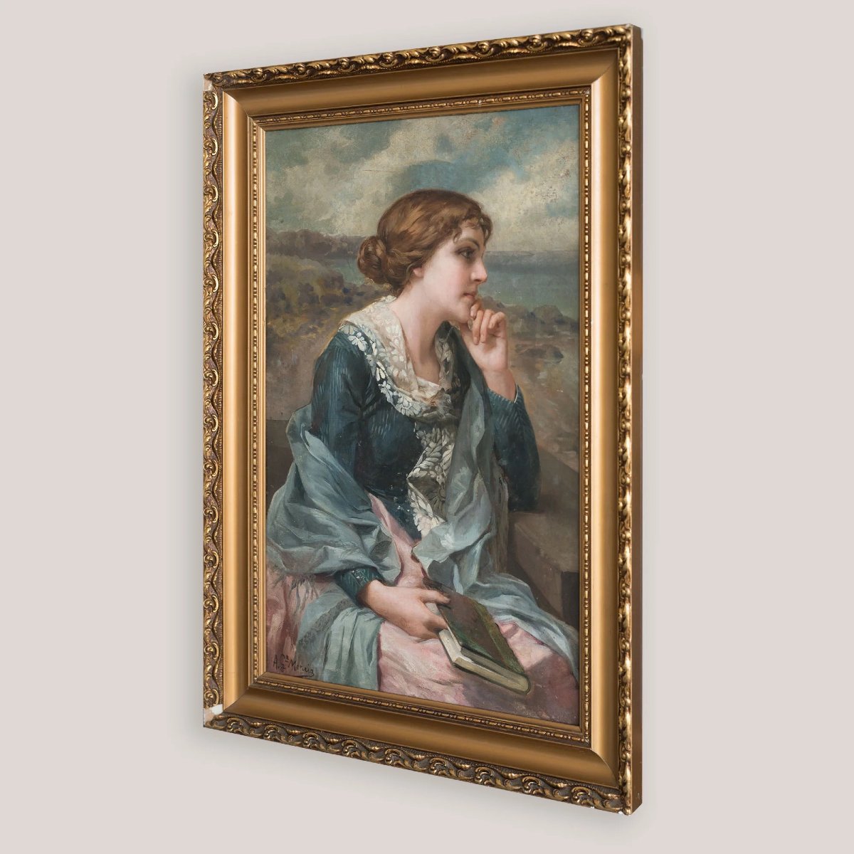 Portrait d'une jeune femme lisant – Huile sur toile d'Antonio García Mencía (1849–1920)-photo-4