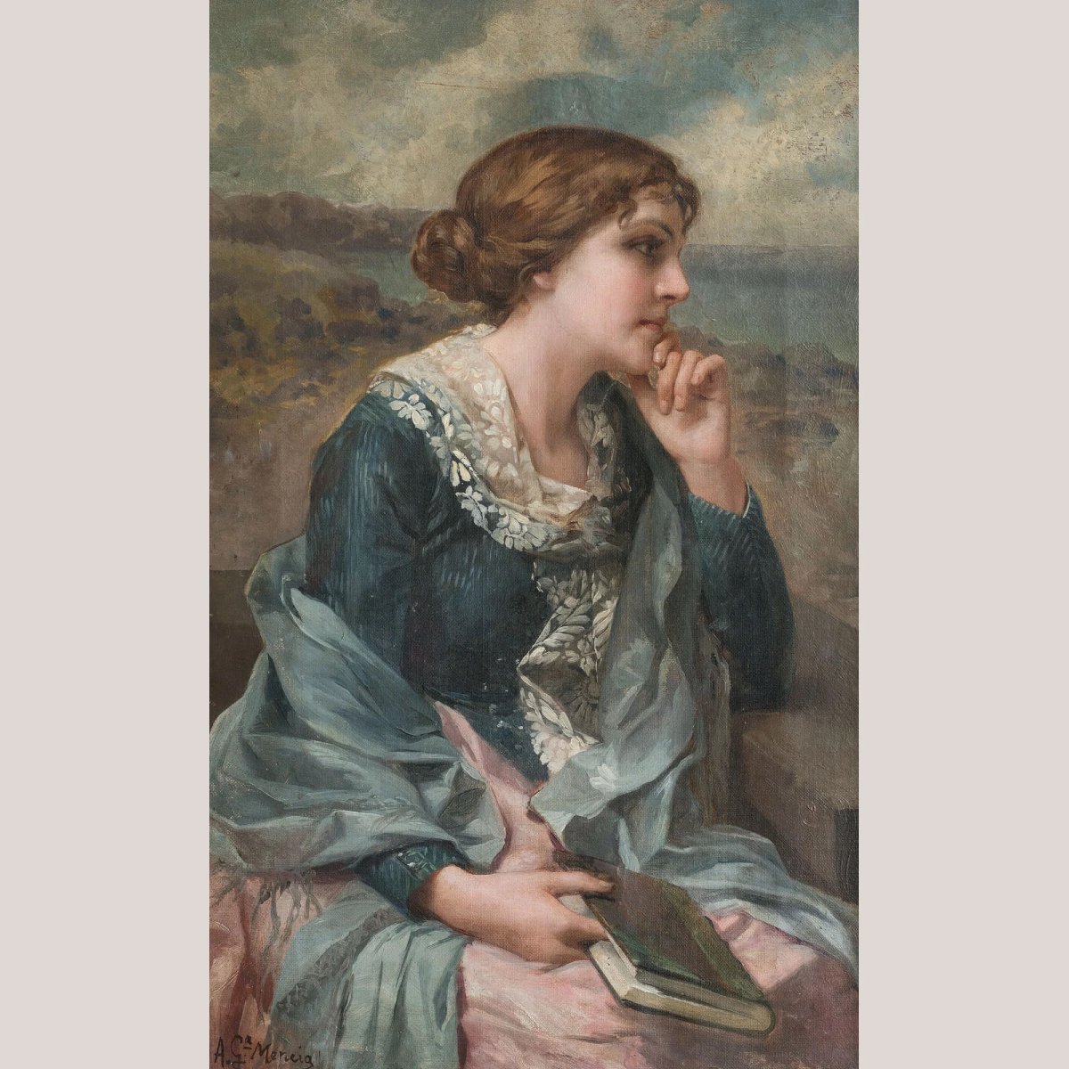 Portrait d'une jeune femme lisant – Huile sur toile d'Antonio García Mencía (1849–1920)