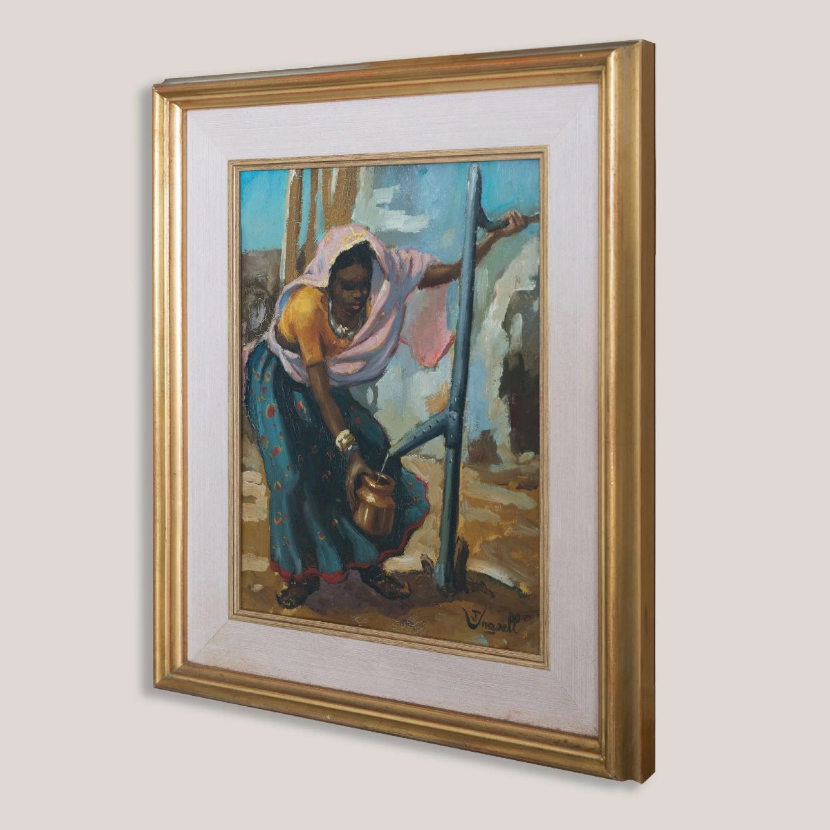 Peinture à l'huile ancienne représentant une femme africaine puisant de l'eau, signée-photo-2