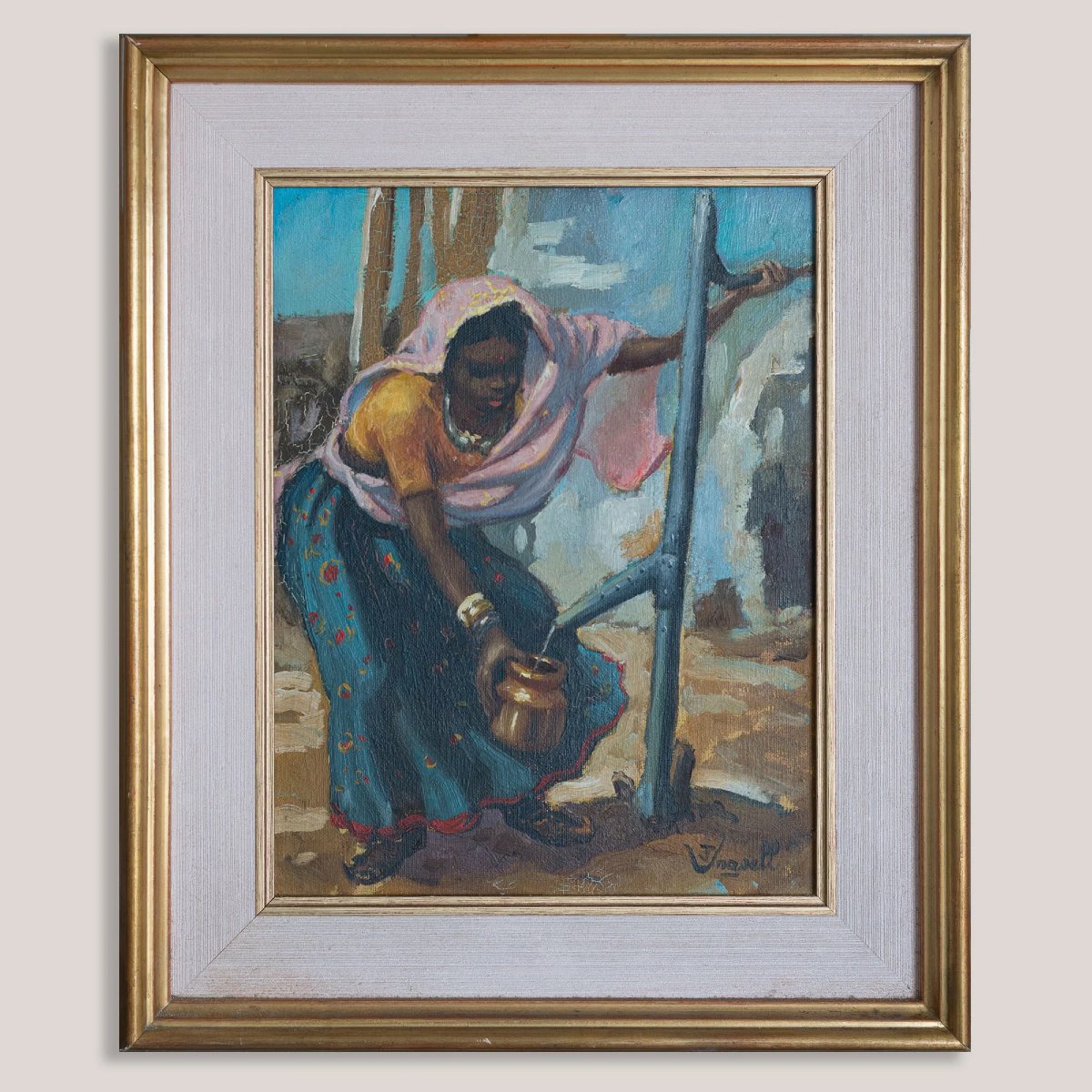 Peinture à l'huile ancienne représentant une femme africaine puisant de l'eau, signée-photo-3