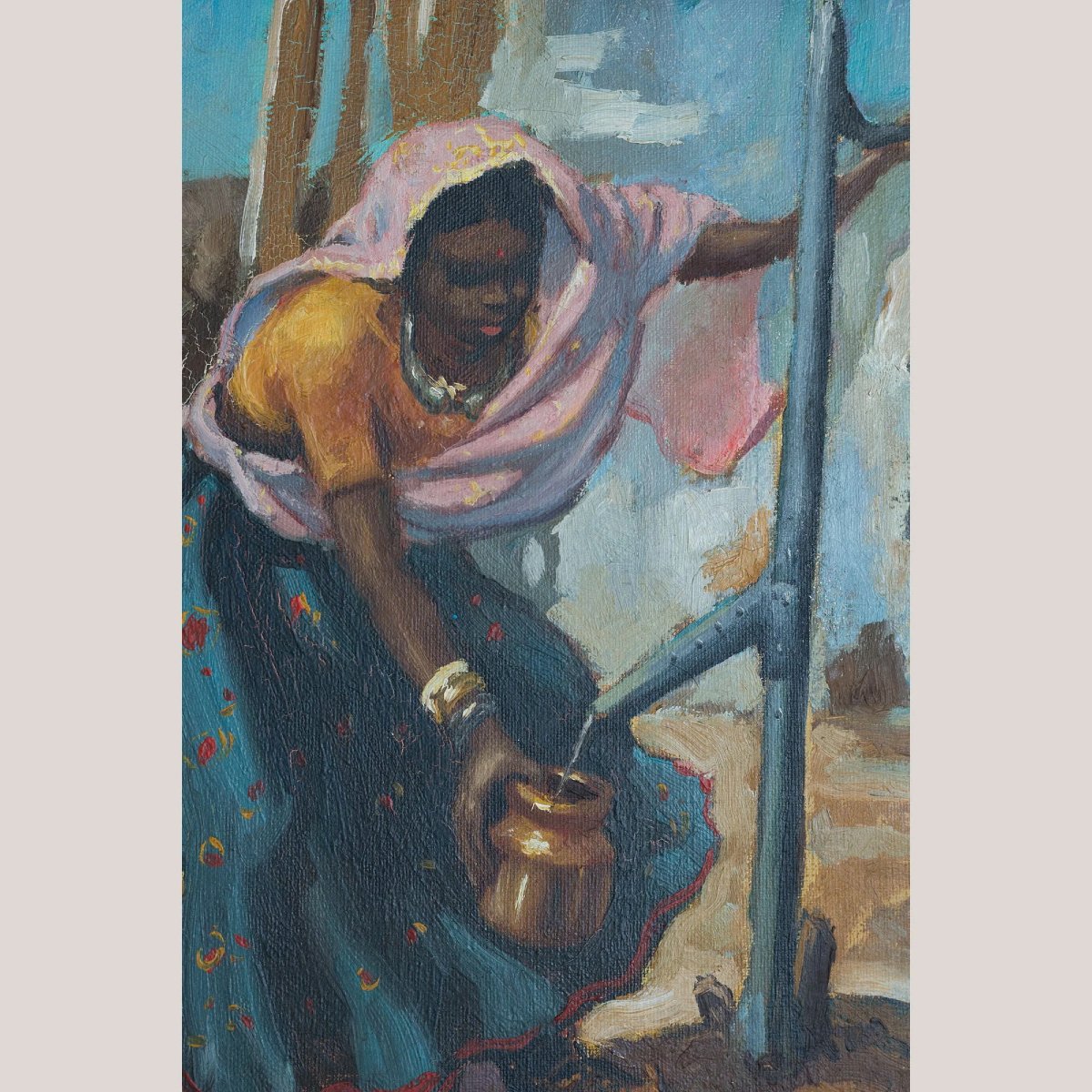 Peinture à l'huile ancienne représentant une femme africaine puisant de l'eau, signée-photo-4