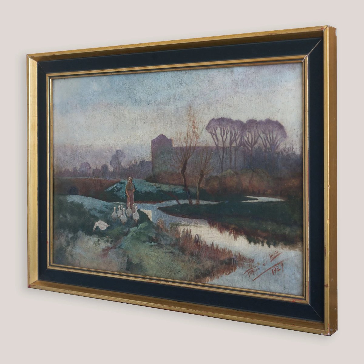 Lady Tending A Flock Of Geese At Dusk Or Dawn - Barbizon School Influenced-photo-2