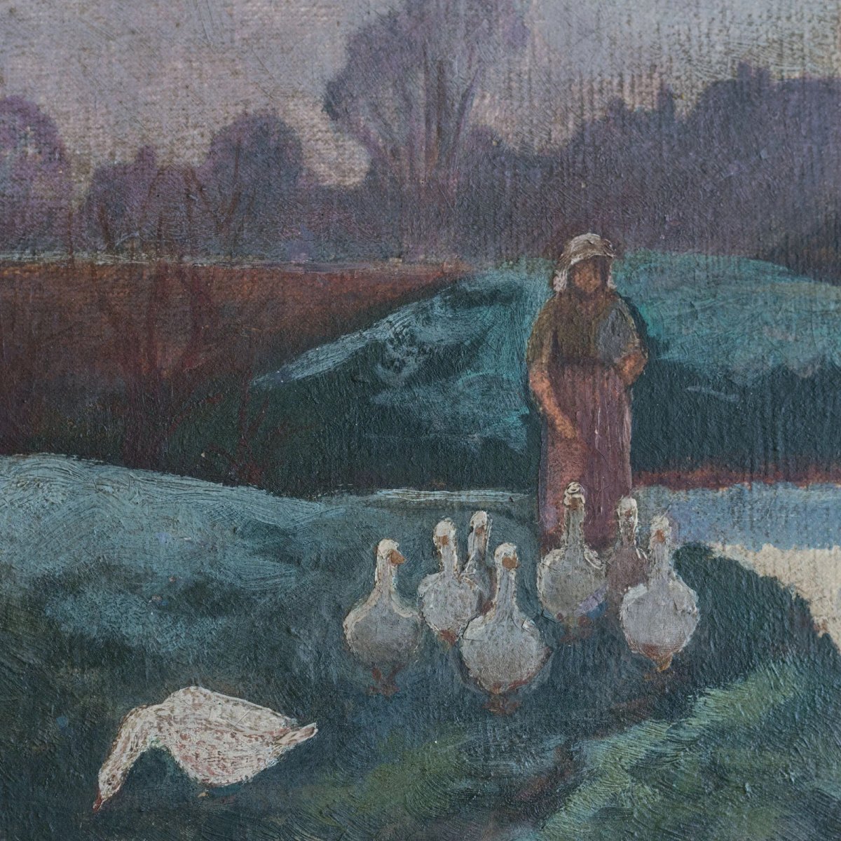 Lady Tending A Flock Of Geese At Dusk Or Dawn - Barbizon School Influenced-photo-3