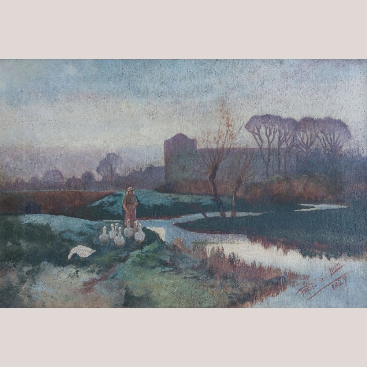 Lady Tending A Flock Of Geese At Dusk Or Dawn - Barbizon School Influenced-photo-3