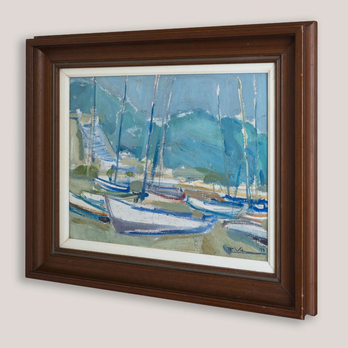 Mid-century Oil Sketch Of Boats In A Harbour - Signed-photo-3