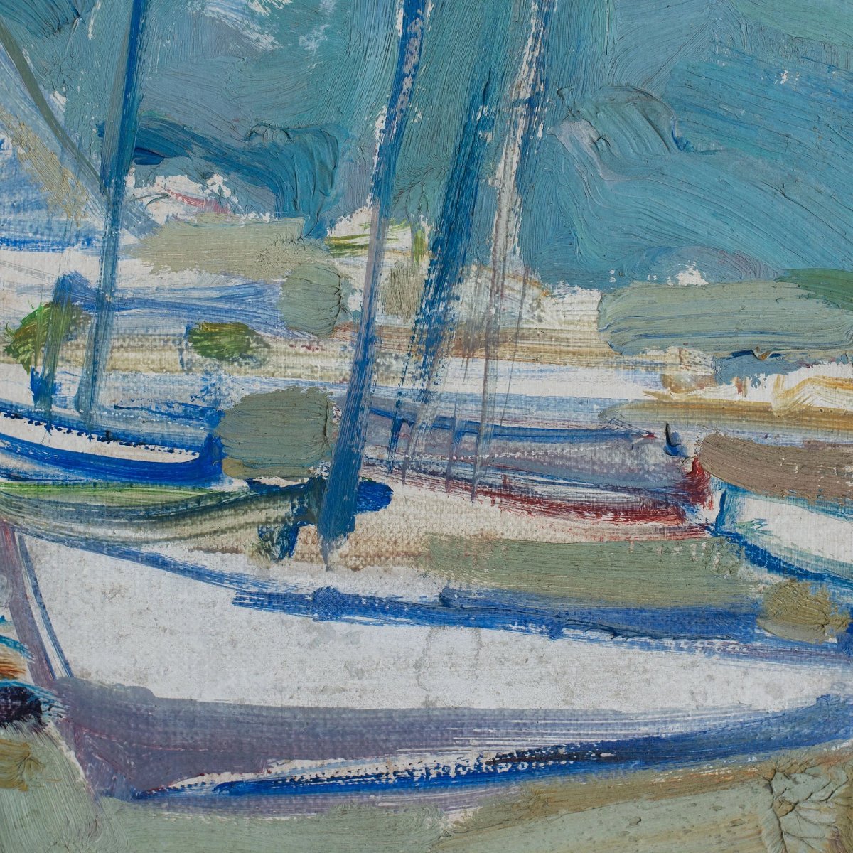 Mid-century Oil Sketch Of Boats In A Harbour - Signed-photo-4