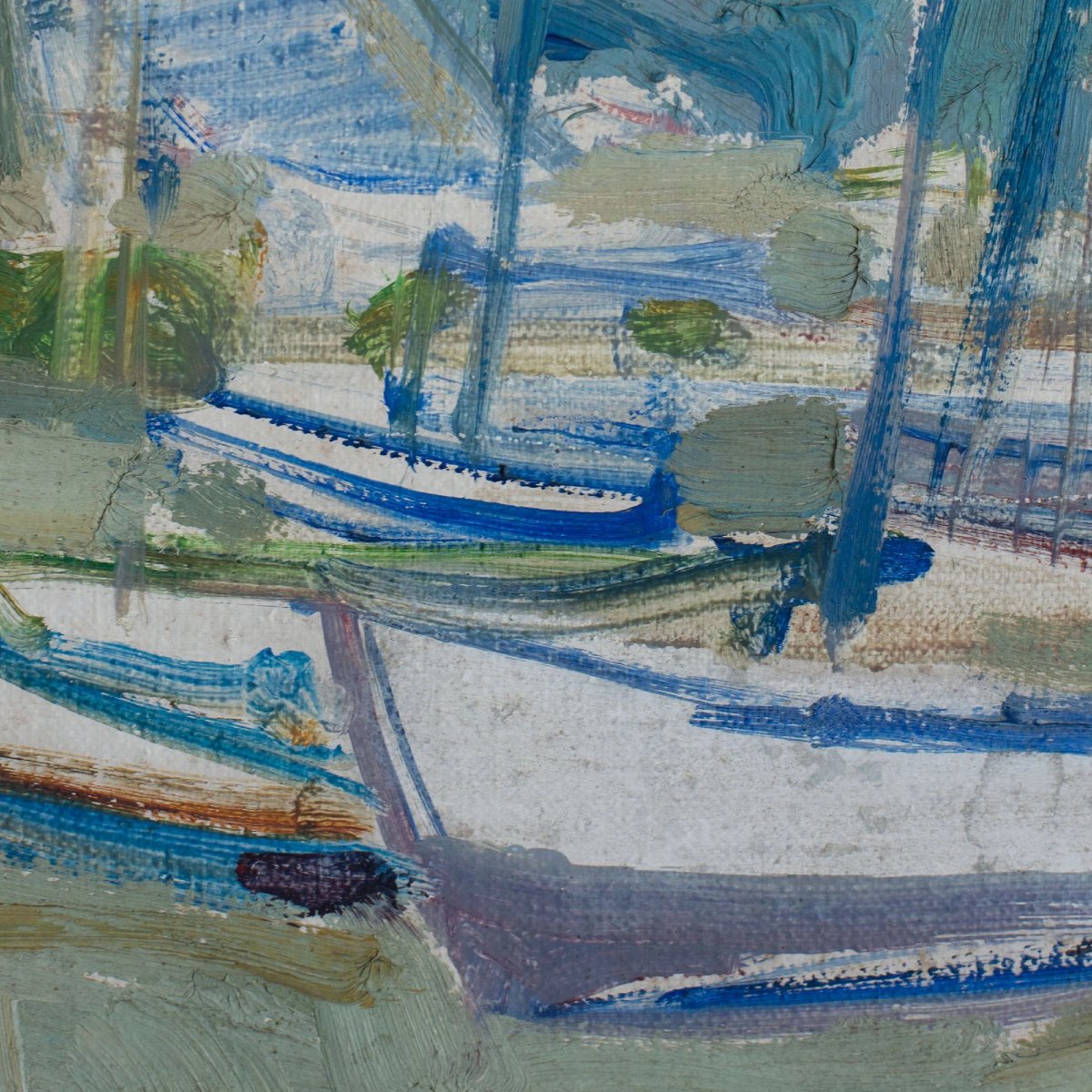 Mid-century Oil Sketch Of Boats In A Harbour - Signed-photo-1