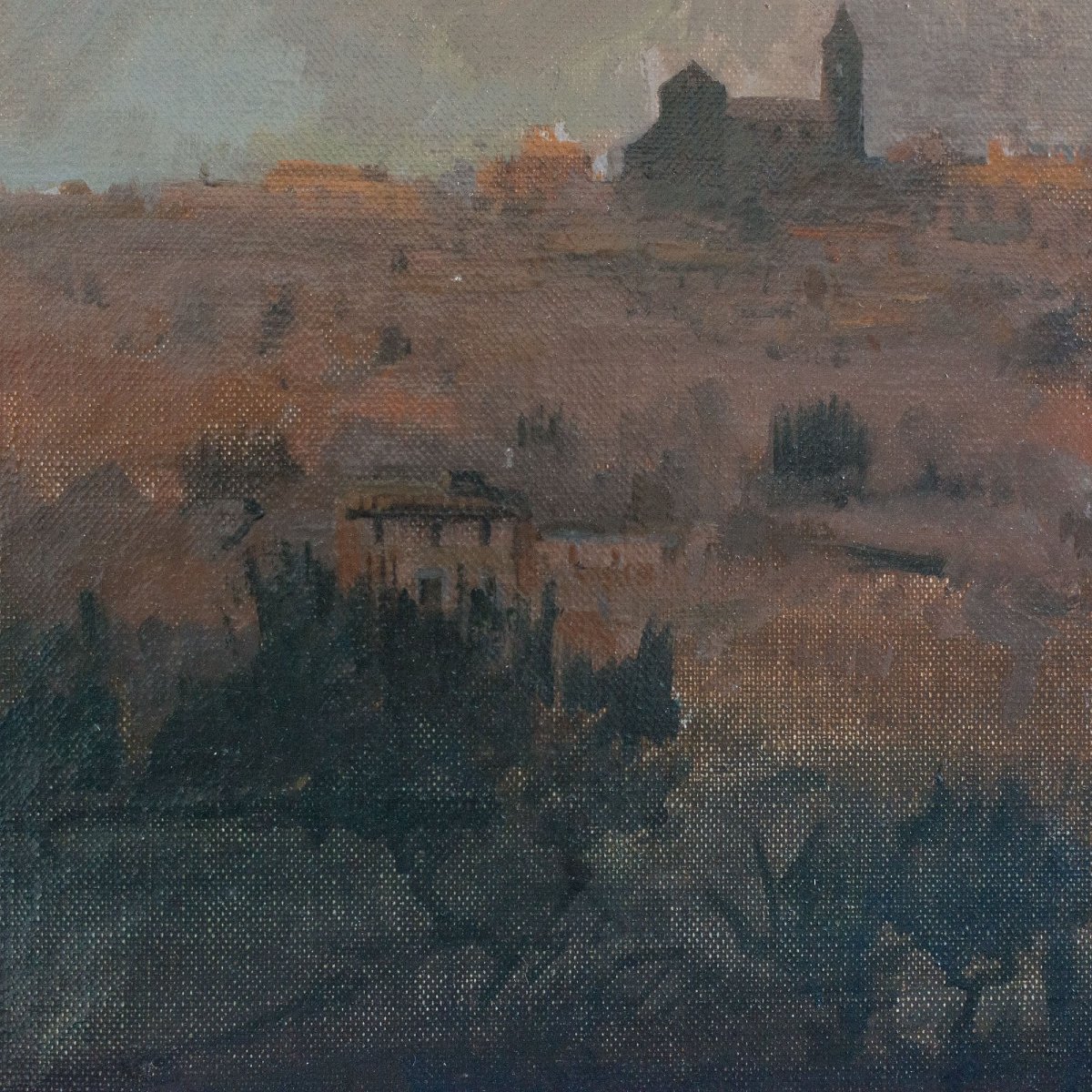 Atmospheric Landscape In Ochre Tones – Oil On Canvas-photo-4