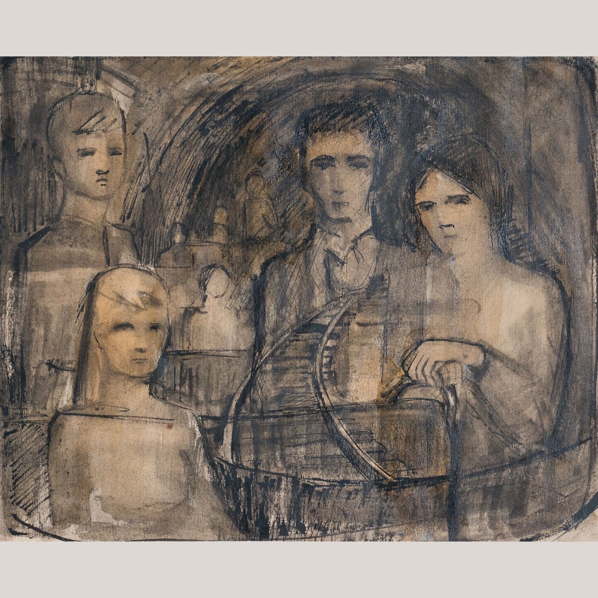 Follower Of Keith Vaughan – Figures With Railway Track | Pen, Ink And Wash-photo-2