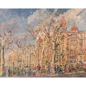 Scène De Rue De Barcelone, Passeig De Gràcia. Plaça De Catalunya' - Huile Sur Toile