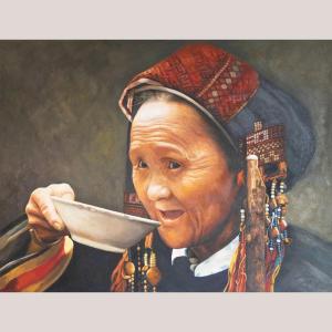 Portrait d'Une Femme Tribale Buvant Du Thé - Huile Sur Toile