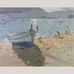 Contrallum A Cadaqués – Beach Scene With Boat By Josep Munné Graupera