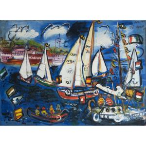 Voiliers En Régate – Huile Originale De Fermín Vilanova (1960)