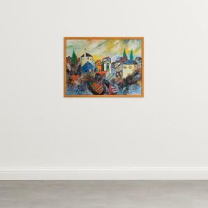 Colorful Mediterranean Village Scene With Boats