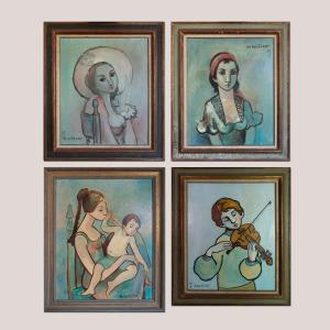 Ensemble De Quatre Portraits Du Milieu Du Siècle – Signé « Almuñecar », Huile Sur Toile