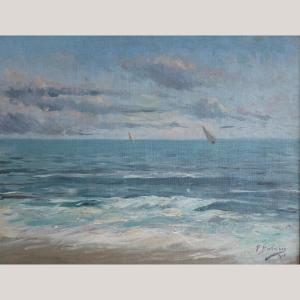 Paysage Marin Impressionniste Avec Voiliers – Huile Sur Toile, Signée