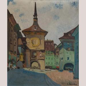 Paysage urbain de la tour de l'horloge de Berne du milieu du siècle – Peinture à l'huile origin