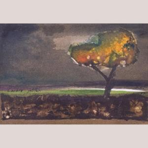 Solitary Tree Landscape-catalan Expressionist Watercolor