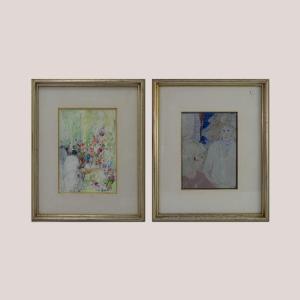 Floral Table Scene And Two Women – Pair Of Paintings By Carlos Cardella