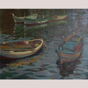 Peinture postimpressionniste - Bateaux de pêche dans le port par Josep Munné