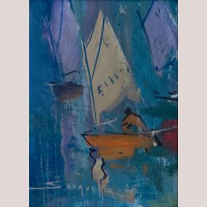 Sailboats In Port – Josep Sarquella I Escobet – Original Oil On Canvas