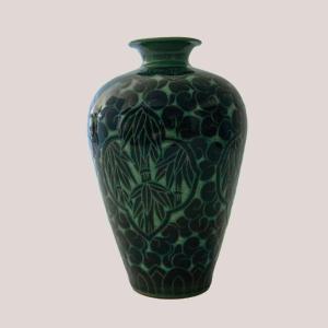 Green Bamboo Motif Vase – Signed Asian Studio Pottery