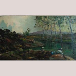 Women Washing By The Riverbank – Joaquim Vayreda Y Vila - Barbizon School