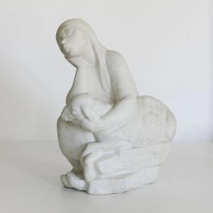 Girl With Lamb - Parian Ware Sculpture - Signed