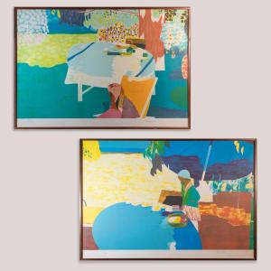 Scènes de jardin figuratives d'Ortuno – Paire de lithographies anciennes encadrées