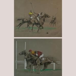 Scènes sportives équestres – Polo de Deauville et Course hippique de Longchamp par Eugène Pecha