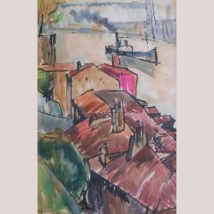 Rafael Ortiz Alfau - Toits du port - Peinture d'influence cubiste et impressionniste