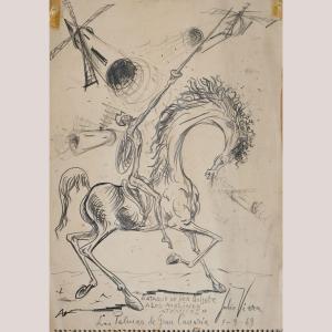 Dessin de la scène d'attaque de Don Quichotte par Julio Vieira