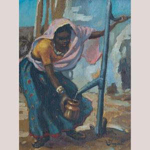Peinture à l'huile ancienne représentant une femme africaine puisant de l'eau, signée
