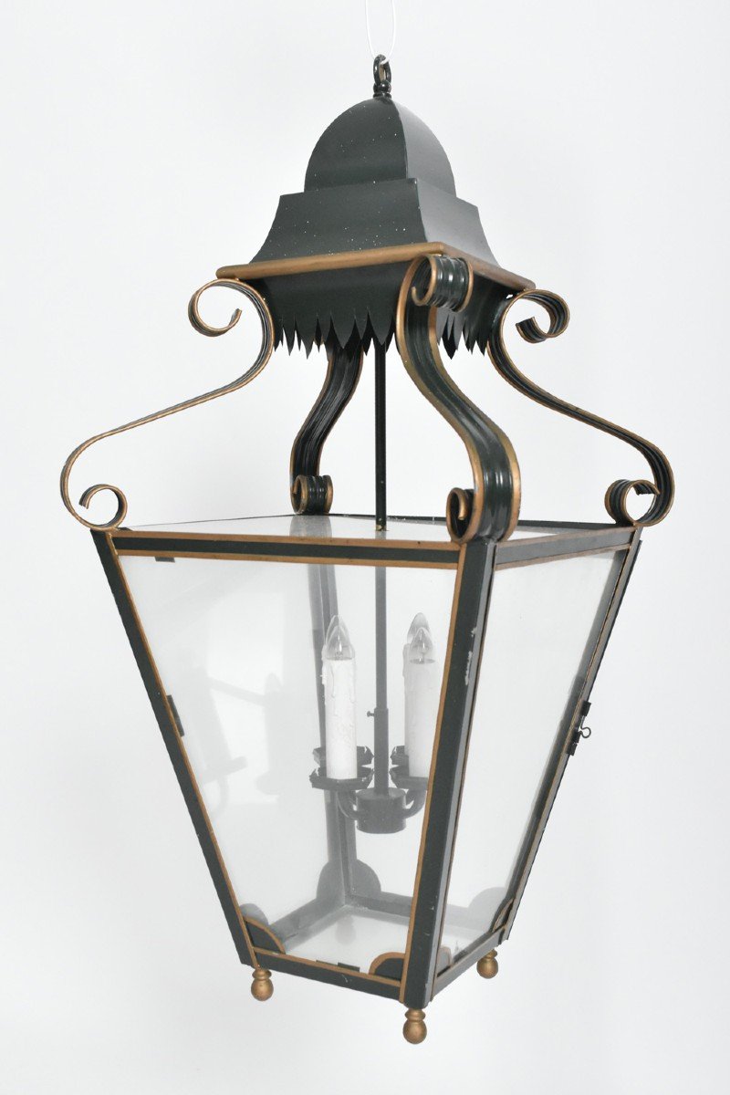 Green And Gold Painted Sheet Metal Lantern, 1970s.-photo-2