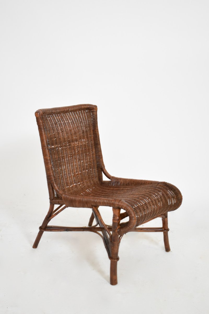 Paire De Chaises De Cheminée En Rotin Et Osier, Années 1950.-photo-3