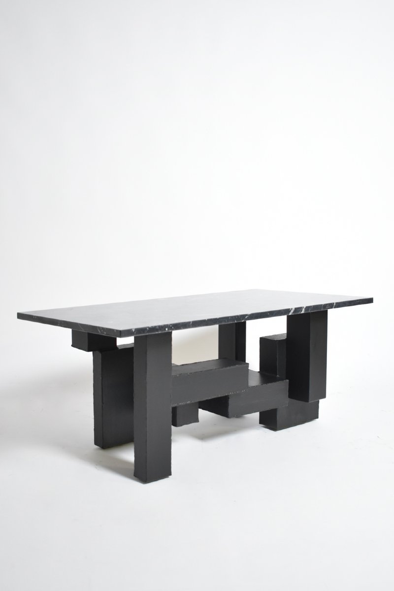 Table Basse Cubiste En Fer Et Marbre, Années 1980.-photo-3
