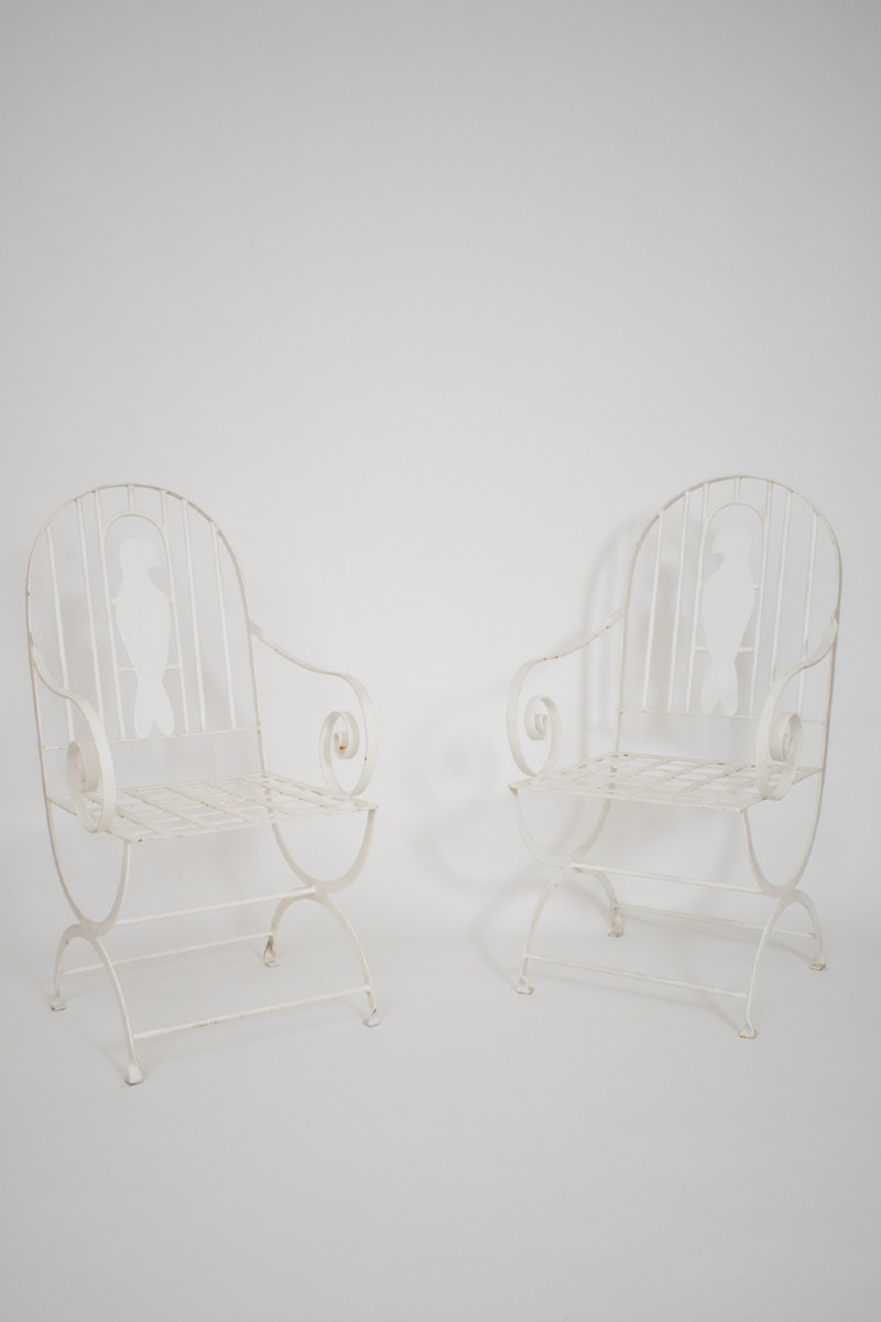Paire De Fauteuils Aux Oiseaux En Fer Forgé, Années 1960.