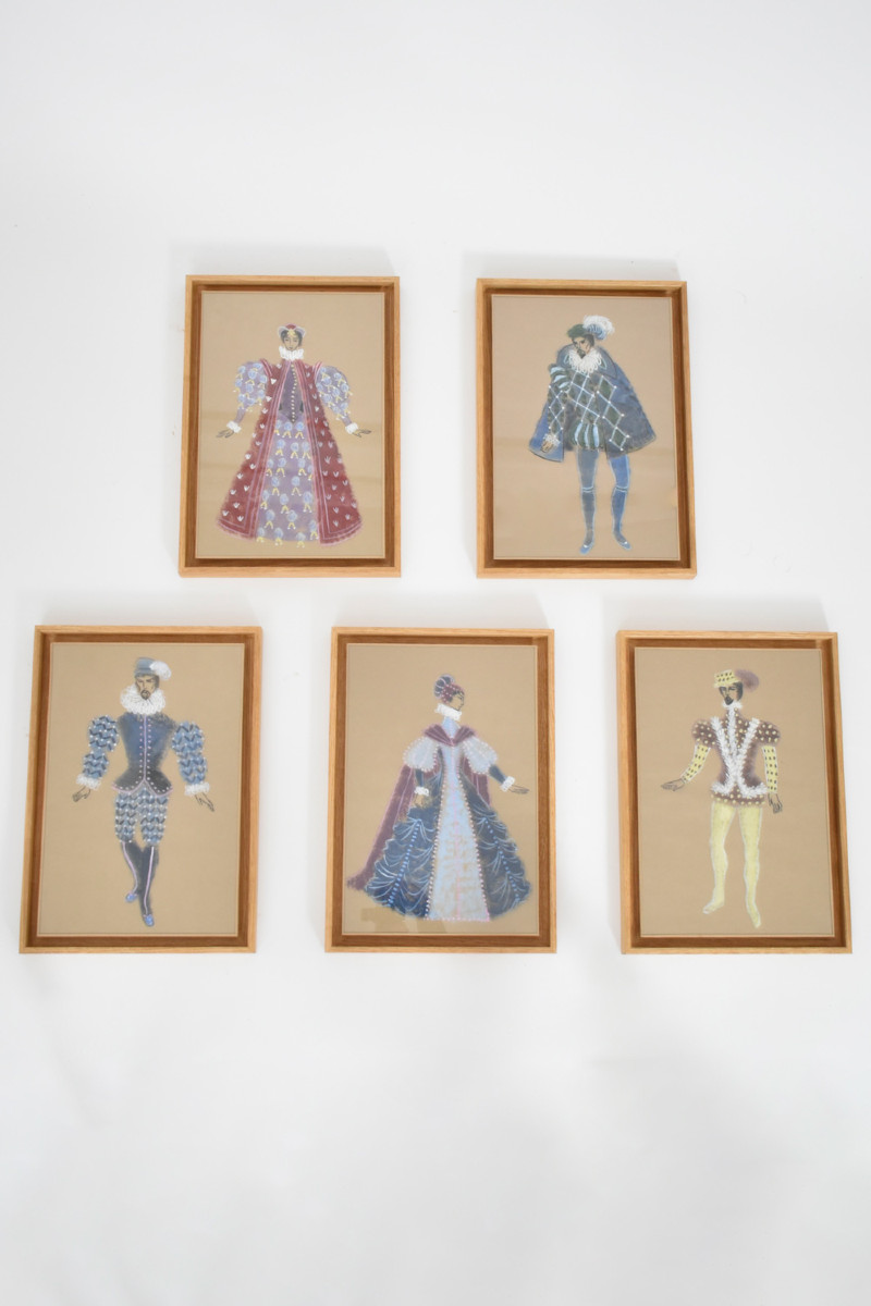 Set Of Five Christian Berard Style Theatre Costume Gouaches, 1940s.