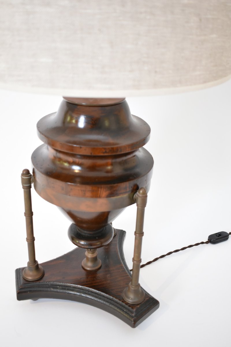 Lampe Balustre En Bois Et Laiton, Années 1910.-photo-2