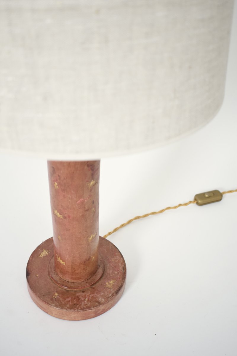 Cylindrical Red Leather Covered Lamp, 1940s.-photo-2