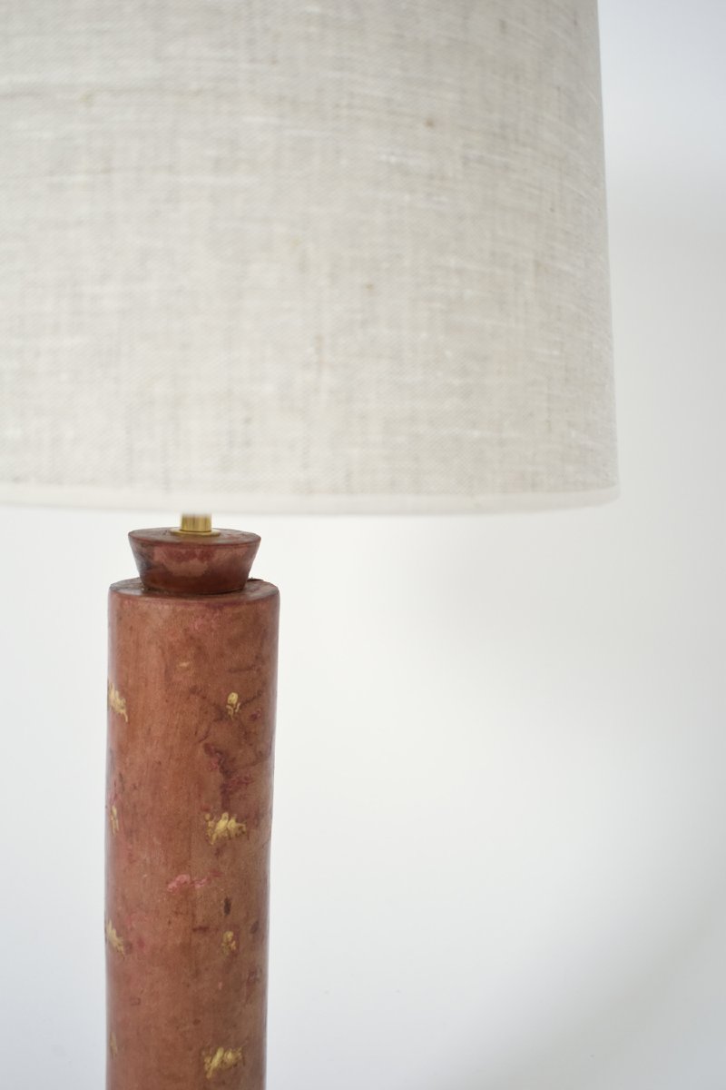Cylindrical Red Leather Covered Lamp, 1940s.-photo-3