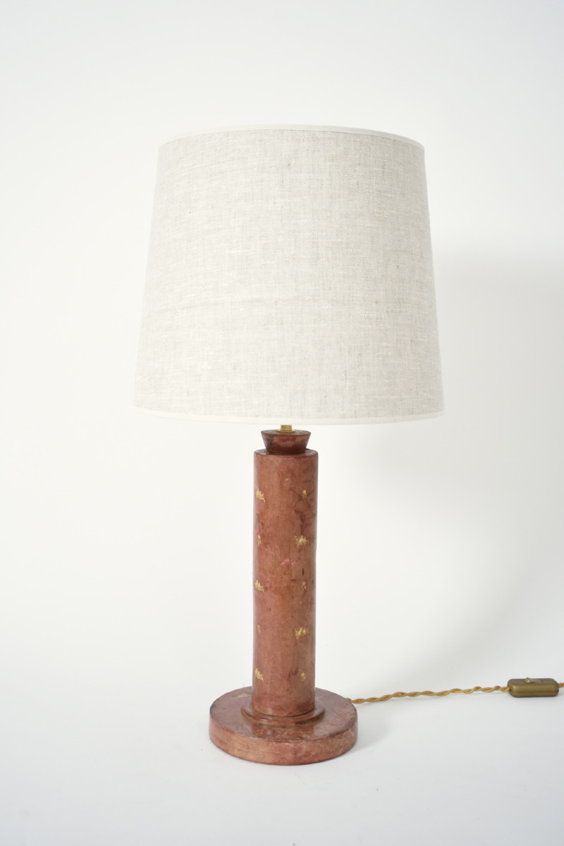 Cylindrical Red Leather Covered Lamp, 1940s.