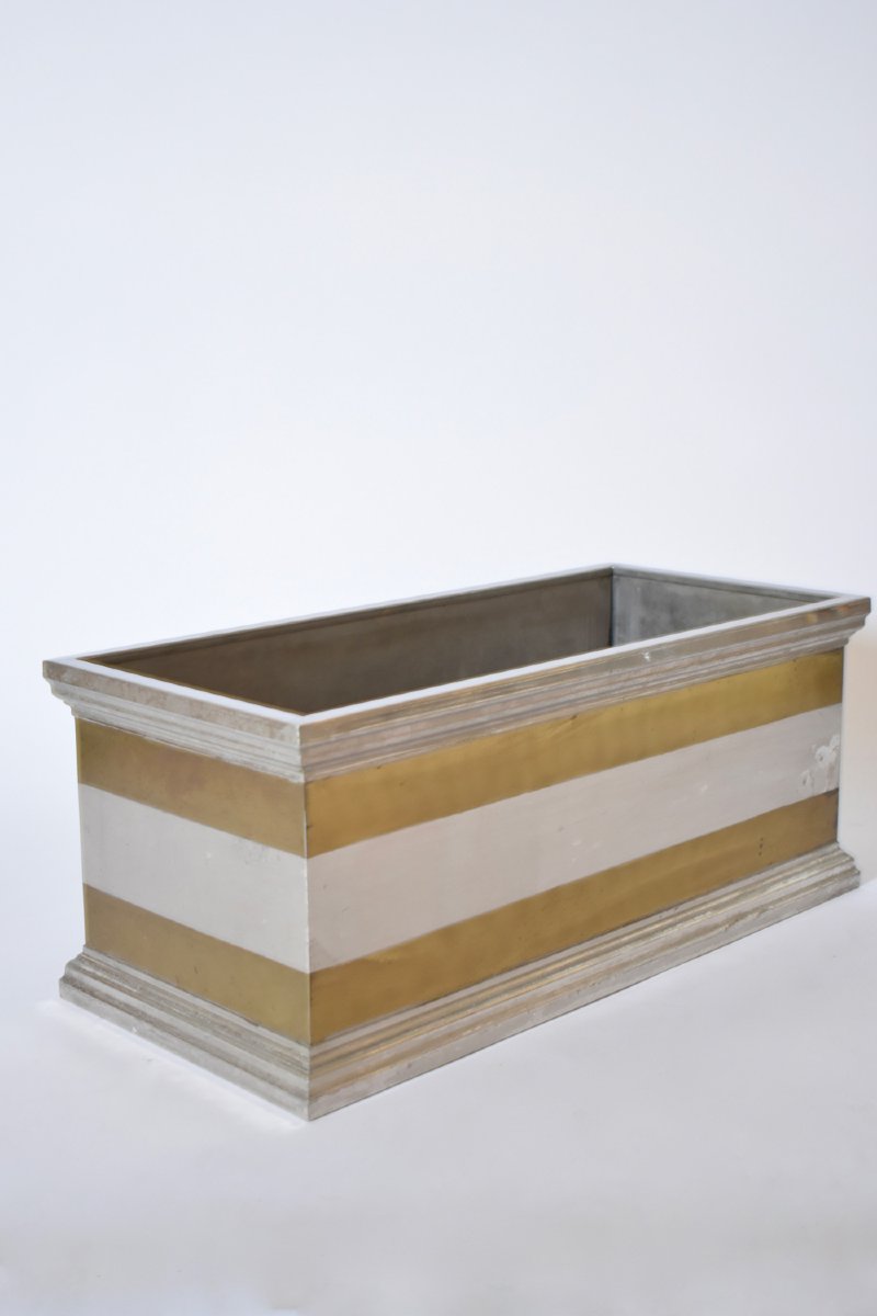 Jardinière Rectangulaire Néoclassique En Aluminium Et Laiton, Années 1970.-photo-4