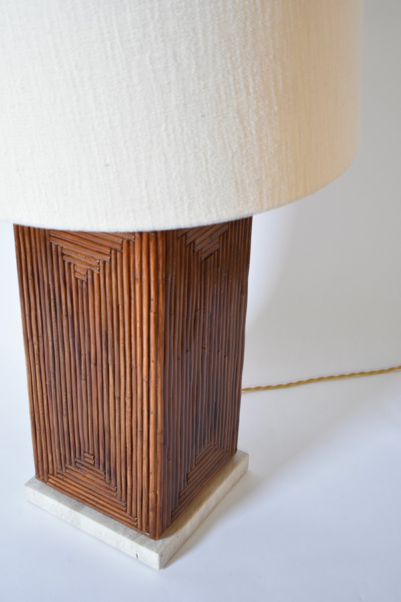 Lampe De Table En Rotin Brun Et Travertin, Années 1970.-photo-2