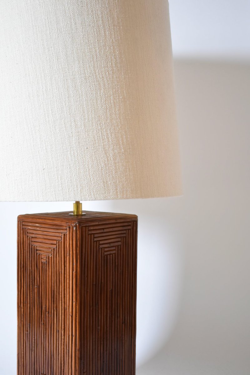 Lampe De Table En Rotin Brun Et Travertin, Années 1970.-photo-3