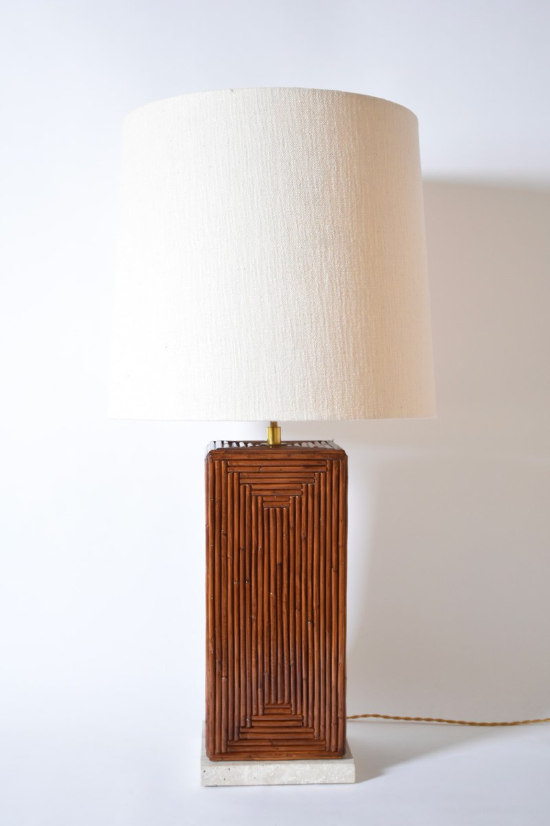 Lampe De Table En Rotin Brun Et Travertin, Années 1970.-photo-4