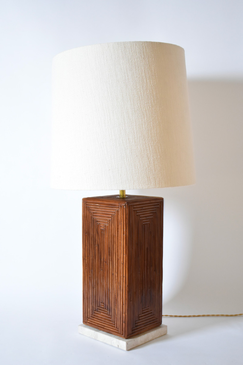 Lampe De Table En Rotin Brun Et Travertin, Années 1970.
