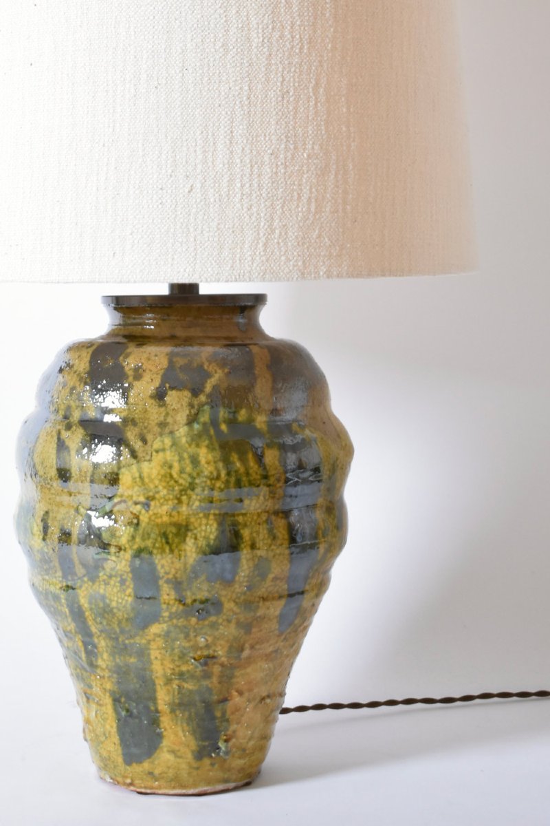 Lampe En Céramique Jaune Beige Et Verte, Helder-photo-4
