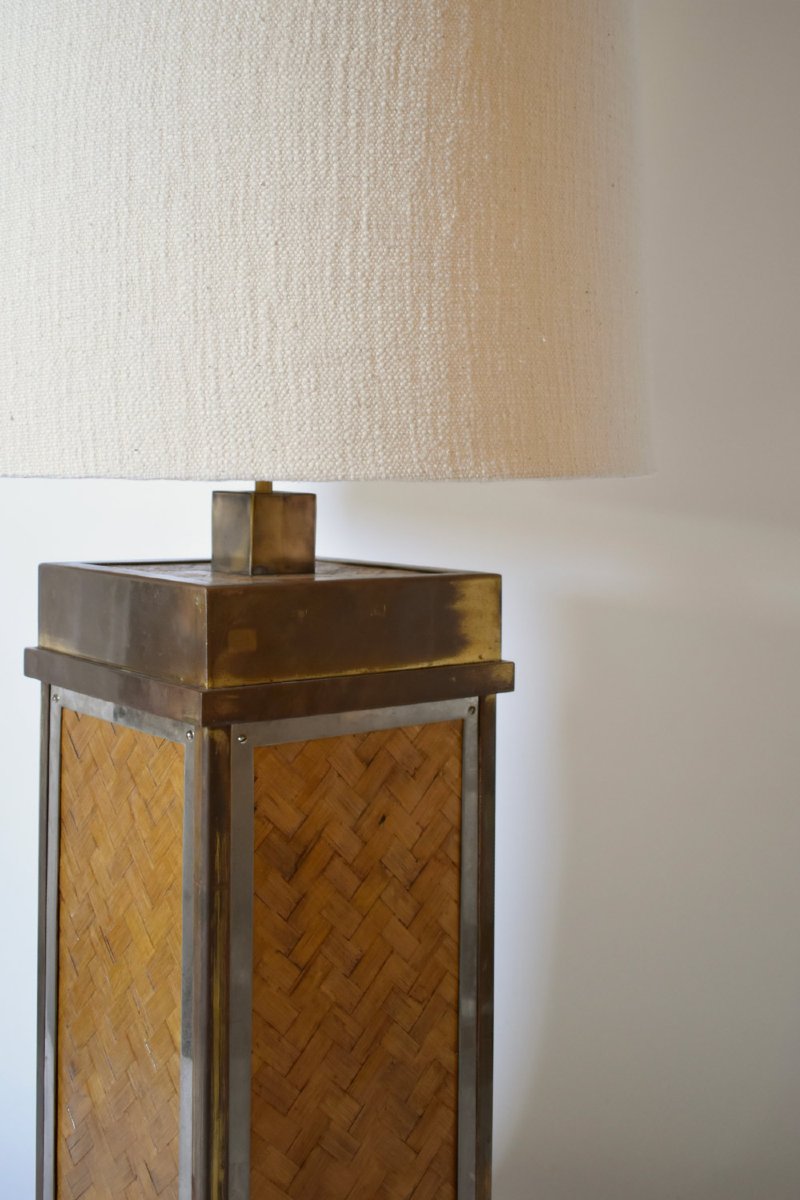 Pair Of Rattan And Brass Lamps, 1970s.-photo-2